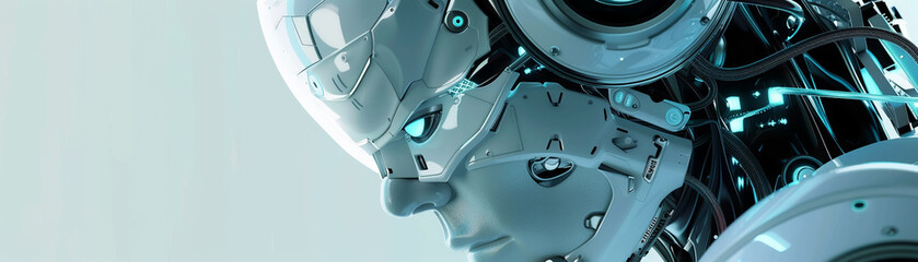 The image shows a close-up of a robot's face. The robot has a metallic appearance and its eyes are glowing blue. The robot's mouth is slightly open and it appears to be speaking.