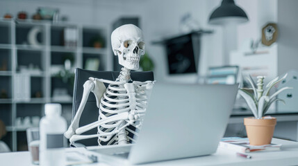 A skeleton is sitting at a desk with a laptop. The skeleton appears to be in a relaxed and comfortable position, possibly taking a break from work. Concept of humor and lightheartedness