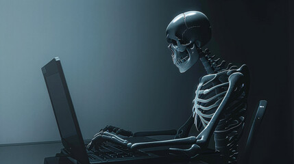 A skeleton is sitting at a computer keyboard. The skeleton is looking at the screen with a serious expression. Concept of loneliness and isolation, as the skeleton is the only one in the scene