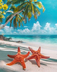 Fototapeta na wymiar Starfish on the beach with palm trees and blue sea background , detailed background 