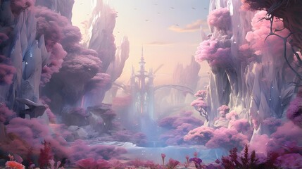 Fantasy landscape with a battle ship. Panoramic image.
