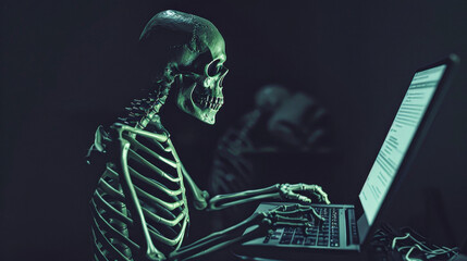 A skeleton is typing on a laptop computer. Concept of eerie and unsettling atmosphere, as skeletons are often associated with death and the afterlife