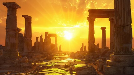 The sun is setting over a ruined city, casting a warm glow on the ruins - Powered by Adobe