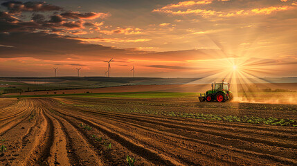 A tractor is driving through a field of crops. The sky is orange and the sun is shining brightly