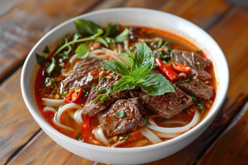 Fototapeta premium Spicy Vietnamese beef noodle soup Bun Bo Hue Vietnamese food