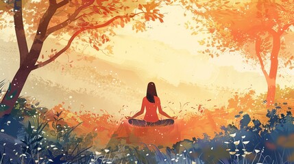 A woman is sitting on the ground in a meditative pose, surrounded by nature.