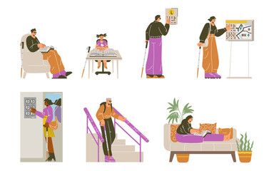 Use of Braille alphabet by visually impaired people, flat vector illustrations.