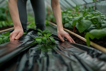 Spring preparation for garden season with a low tunnel greenhouse hands stretching new polythene film on the black carcass Closeup shot Agronomy in action