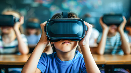 A boy wearing a blue shirt is holding a virtual reality headset. He is looking at the camera
