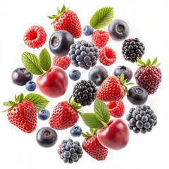 Fruits and berries isolated on white background. Ripe strawberries, blueberries, blackberries, raspberries and cherries.