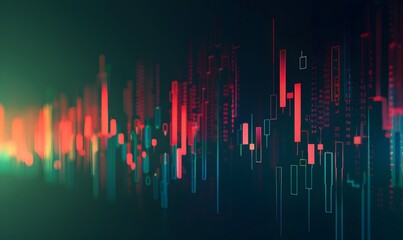 Stock market candlestick chart background with green and red colors, displaying the swing action of a financial icon on screen