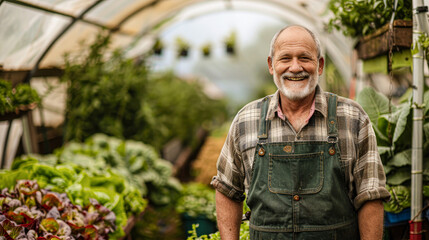 A man in a green apron stands in front of a greenhouse filled with plants. He is smiling and he is happy - Powered by Adobe