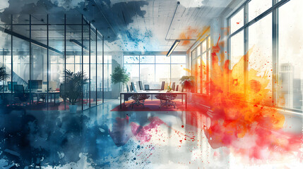 Vibrant Watercolor Illustration of an Innovative Office Buzzing with Ideas and Creativity - Concept for Photo Stock