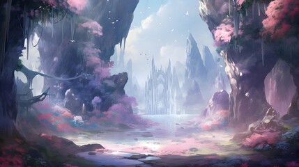 Fantasy landscape with fantasy forest and fog. 3d illustration.