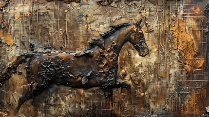 Fototapeta premium Abstract painting with metal details, featuring textured backgrounds and animal themes, particularly horses.