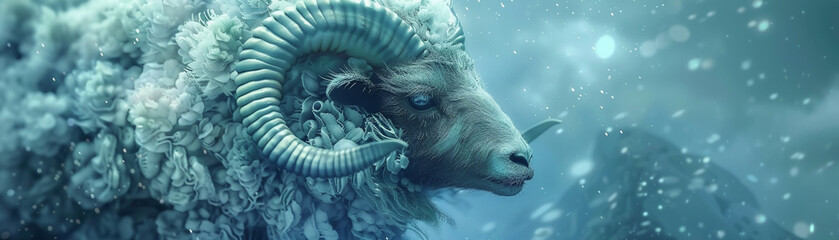 A ram with blue fur stands in a snowy field.