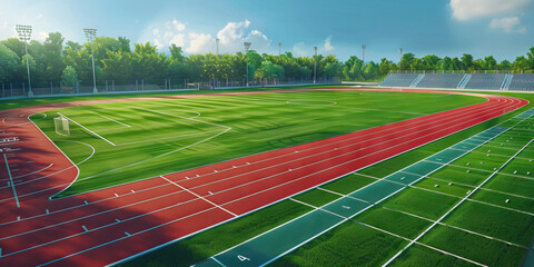 Obraz premium Outdoor Sports Field Floor: Showing markings for sports like soccer, football, or track and field, along with bleachers or seating areas