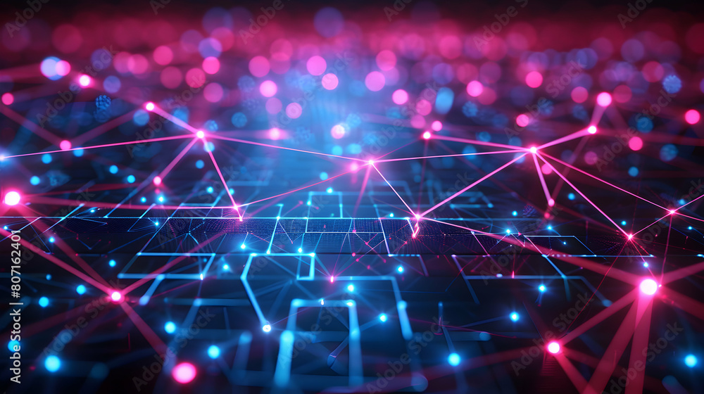Poster vibrant and striking neon gridlock network - a conceptual photo stock of a digital network's locked 