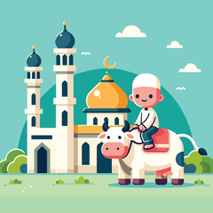 illustration of a Muslim boy riding a sacrificial cow to the mosque
