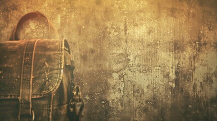 Naklejka premium A worn brown bag rests upon a vintage wooden floor, embodying an essence of nostalgia and timelessness
