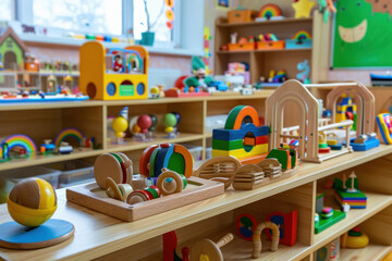 preschool classroom interior with wooden educational toys