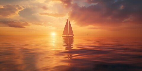 A serene sailboat glides on a mirror-like sea under the golden glow of the setting sun, peaceful and picturesque