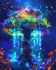 AI generated illustration of a vibrant tree with colorful leaves, standing out in a forest at night