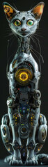 Fototapeta premium A robotic cat with green eyes and a glowing yellow orb in its chest sits on a table, staring at the viewer. The cat is made of metal and has a sleek, futuristic design.