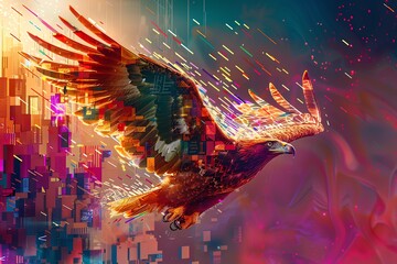 Showcase a cybernetic eagle mid-flight