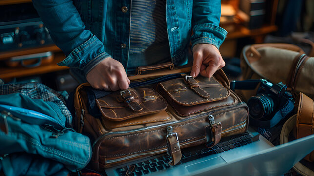 Professional Packing: Photo Realistic Illustration of Commuter Preparing Work Bag for Productive Day Ahead