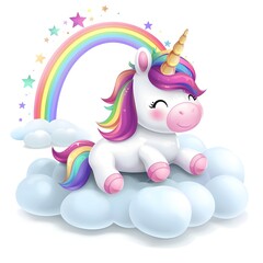 Cartoon unicorn with rainbow and stars flying around generative ai, Cute unicorn in the pastel sky with rainbow


