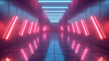 The image showcases a hallway bathed in vibrant red neon lights, creating a modern and futuristic atmosphere