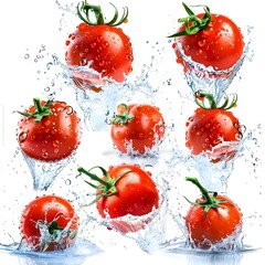 fresh tomatoes falling into water isolated on white background 