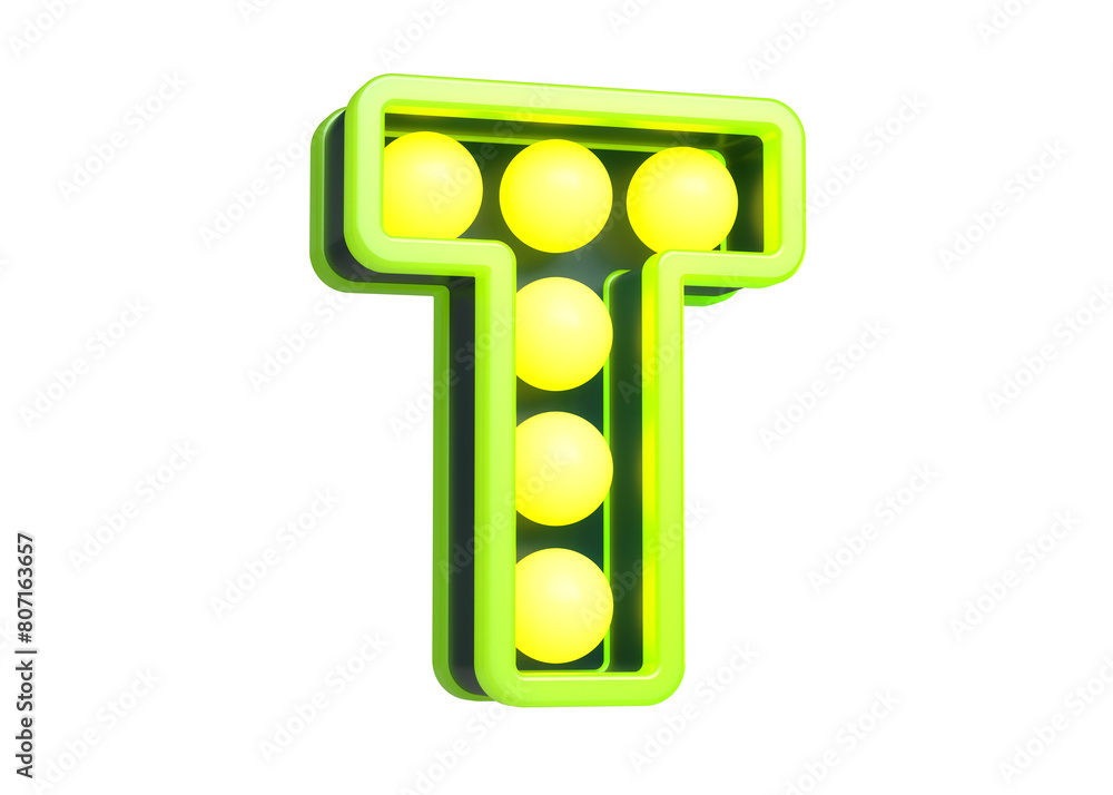 Poster marquee 3d letters character t in green and yellow. attractive luminous font of light bulbs. high qu
