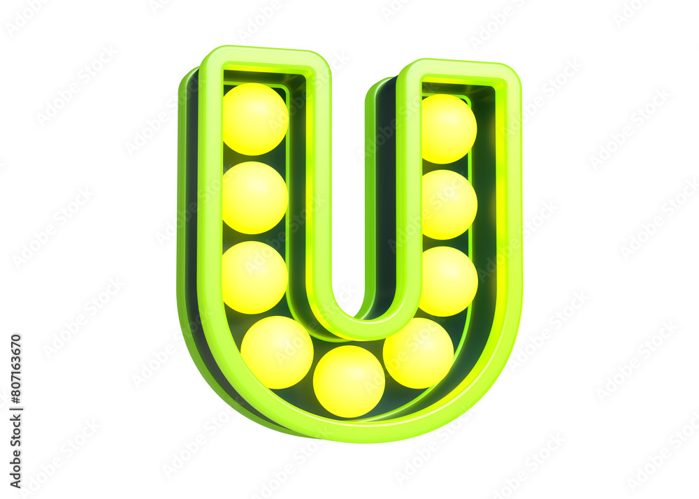 Poster 3d rendering letter u in fluorescent yellow and green. lettering design with light bulbs. high quali