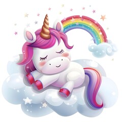 cute cartoon unicor resting on clouds with rainbow isolated on white background generative ai; Cute unicorn in the pastel sky with rainbow
