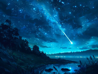 A beautiful landscape image of a starry night sky with a shooting star, a lake, and a forest