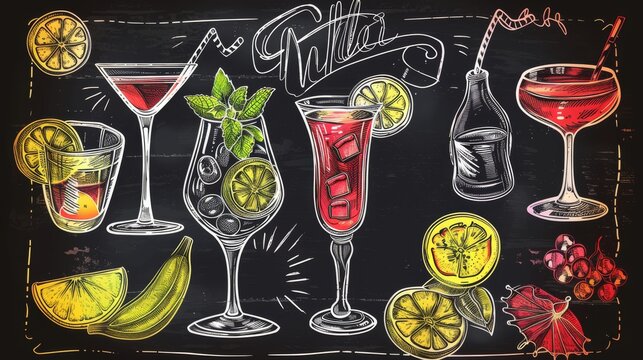 Poster for cocktail party based on a stencil drawing of chalk on blackboard in a vintage style modern file in EPS 10 format