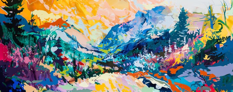Capture the essence of a panoramic wilderness camping scene with abstract art