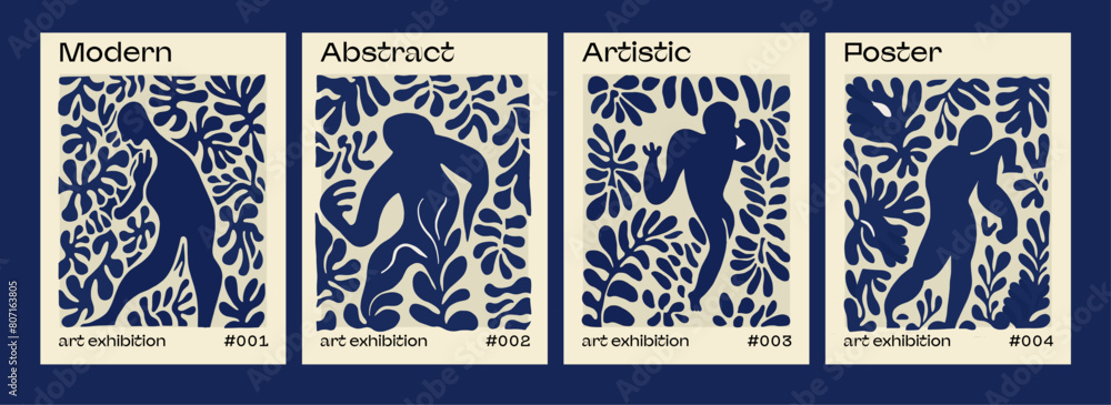 Poster set of minimal scandinavian posters with simple stylized illustrations of people and botanical motif
