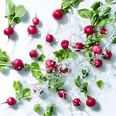 Red radishes on white background with water drops Top view Generative AI
