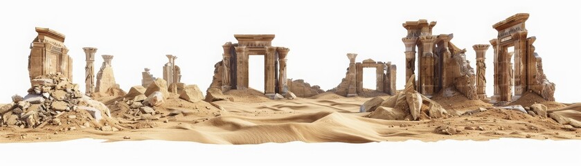 A desolate desert landscape with ruins of a temple
