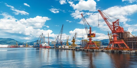 Fototapeta premium A busy industrial shipyard with numerous large cranes and vessels, highlighting commerce, construction, and maritime industries