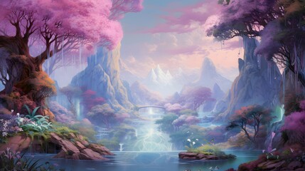 Panorama of a beautiful lake in the forest at sunset. Digital painting.