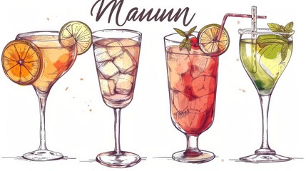 Template with hand-drawn graphic for cocktail menus. Flyers, brochures, etc.