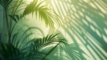 Palm leaves gently sway, casting intricate shadows on a soothing green wall, inspiring a sense of growth and life