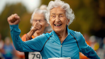 An old woman in her 70s is happy for finishing running or jogging tournament, while a peer lady celebrates with her. Active lifestyle for the elderly.