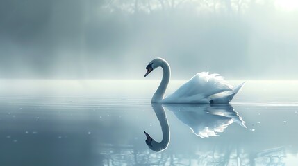 A graceful swan glides across the still waters of a lake, its reflection shimmering in the sunlight. - Powered by Adobe