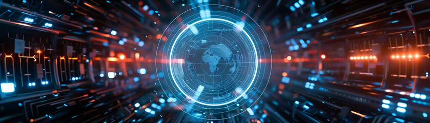 Obraz premium The image is a glowing blue circle in the center with a target-like symbol in the middle