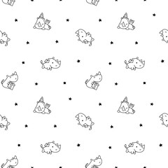 Cute kawaii rhino. Seamless pattern. Coloring Page. Cartoon funny rhinoceros. Animal character. Hand drawn style. Vector drawing. Design ornaments.